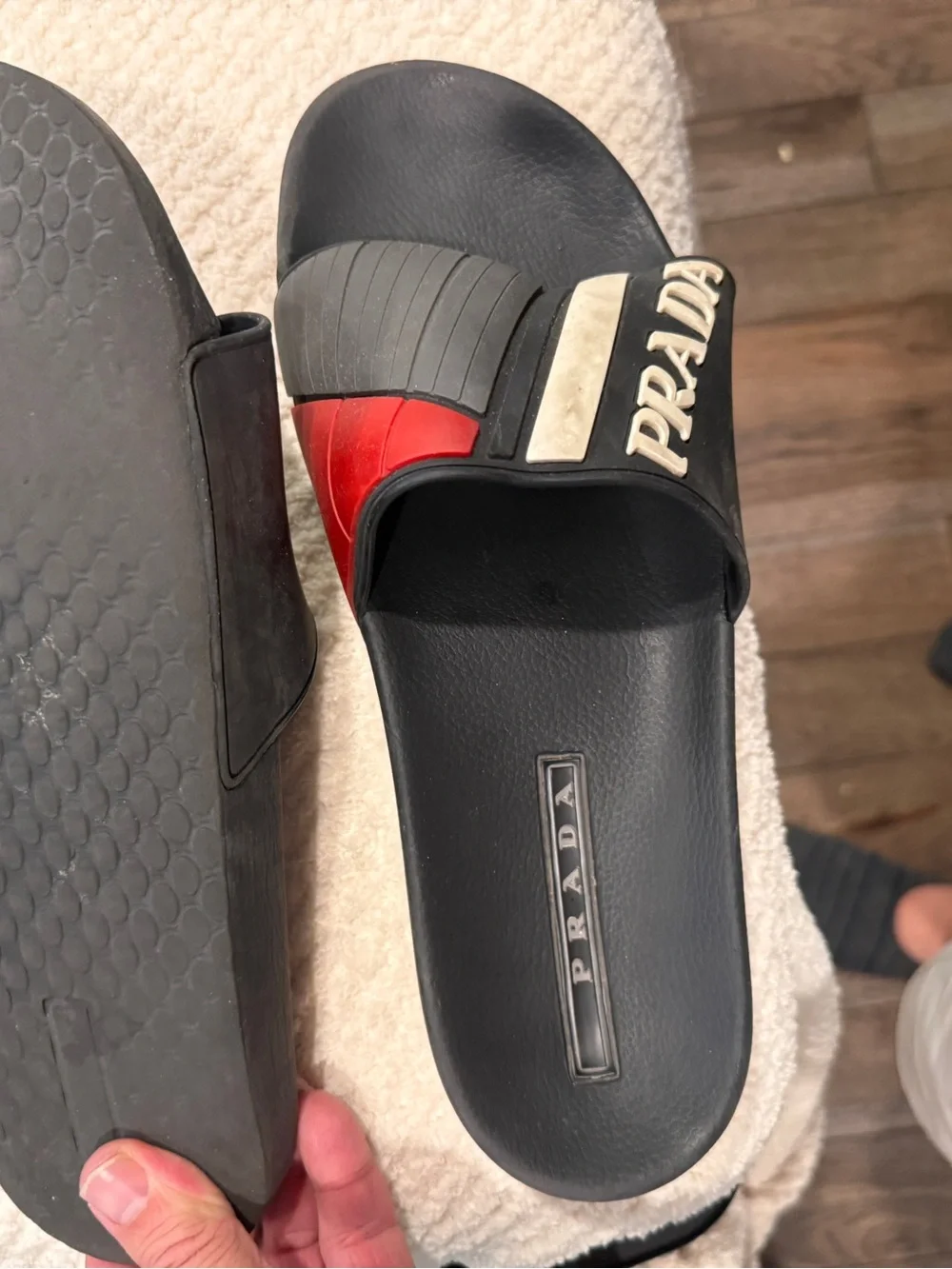 Prada Men’s Black, Red & Gray Rubber Slide Sandals